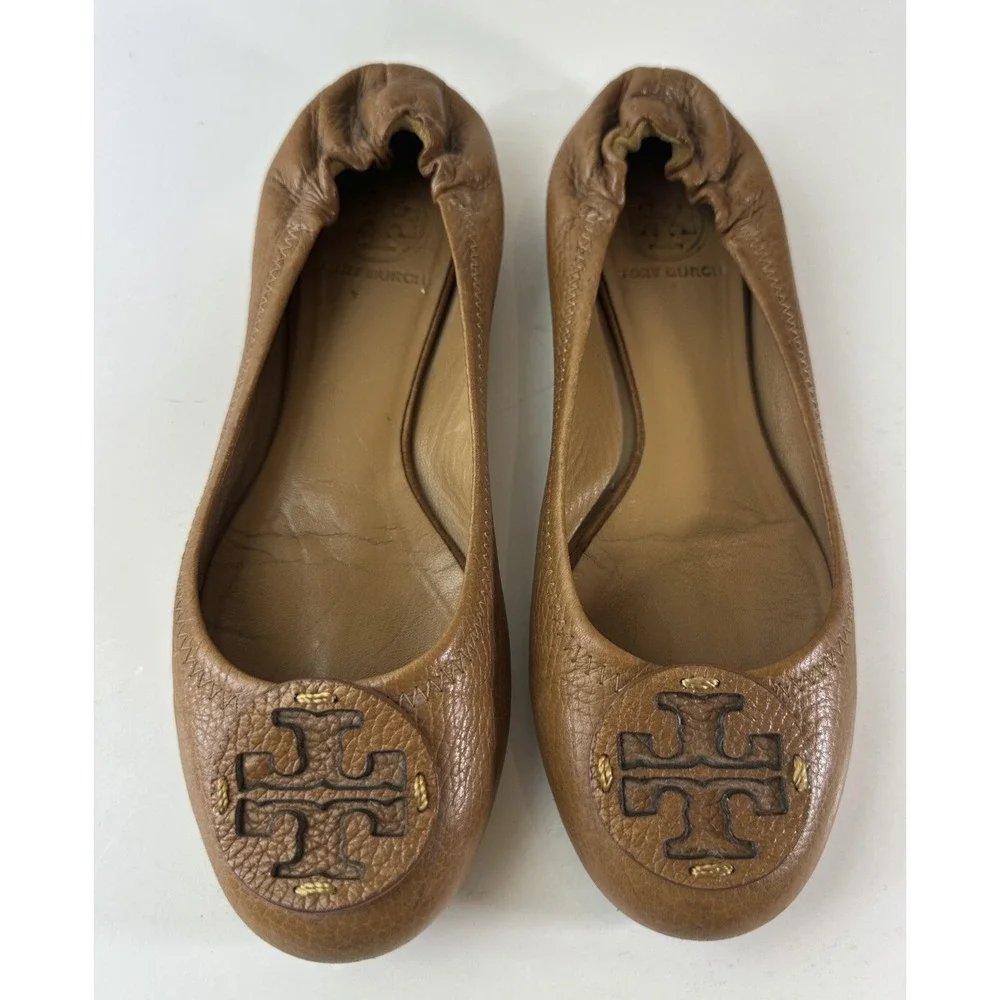 Tory Burch Reva Pebbled Leather Ballet Flats Royal Tan Camel Women Shoe Size 7M - Picture 14 of 15